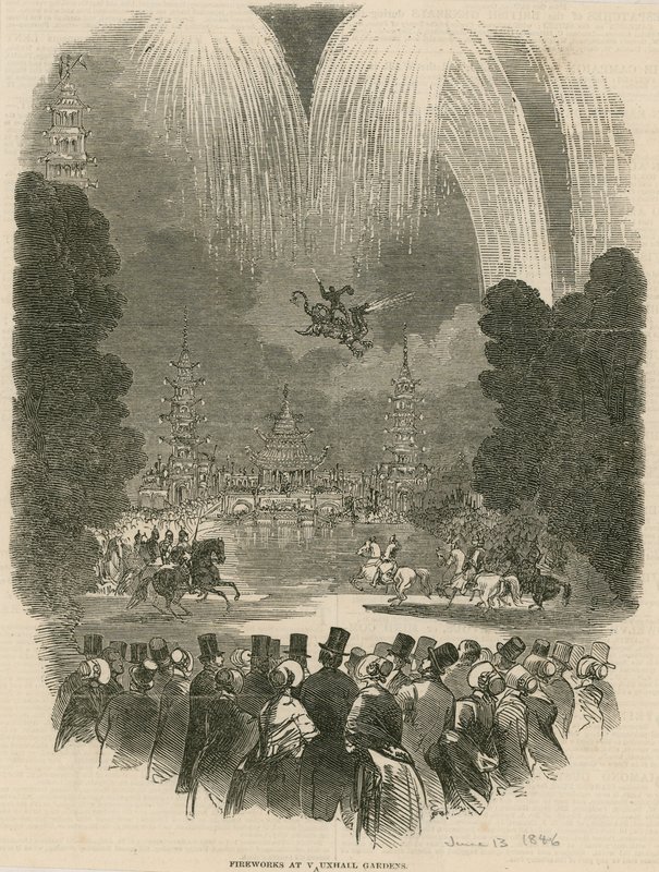Fyrværkeri i Vauxhall Gardens, London af English School
