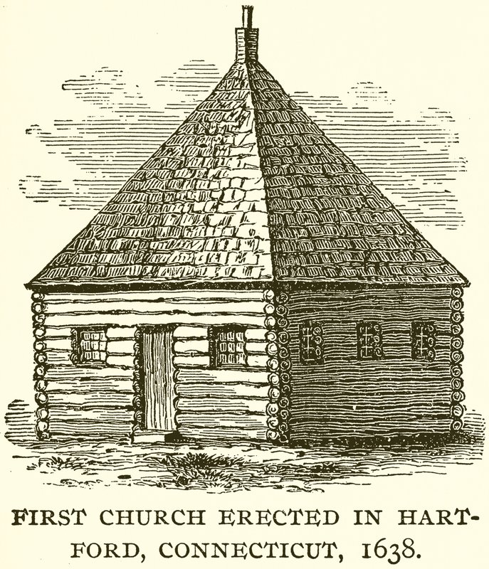 Første kirke opført i Hart-Ford, Connecticut, 1638 af English School