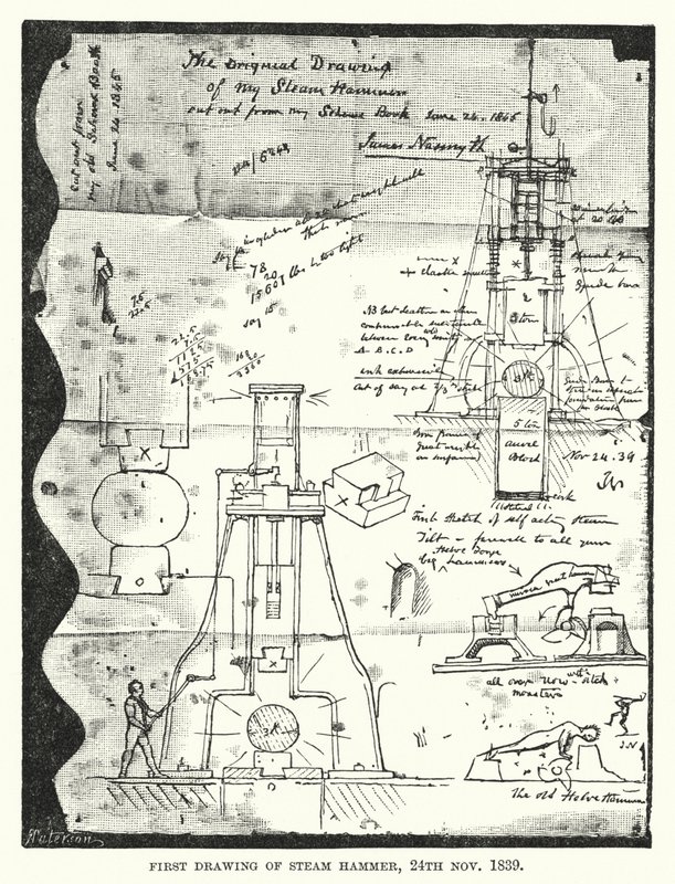 Første tegning af Steam Hammer, 24. november 1839 (gravering) af English School