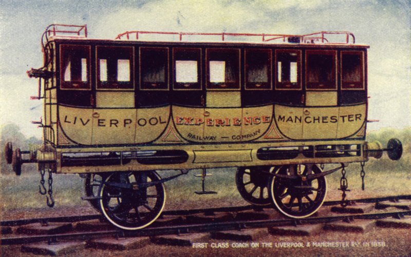 Vogn på første klasse på Liverpool og Manchester Railway i 1838 (farvelitografi) af English School