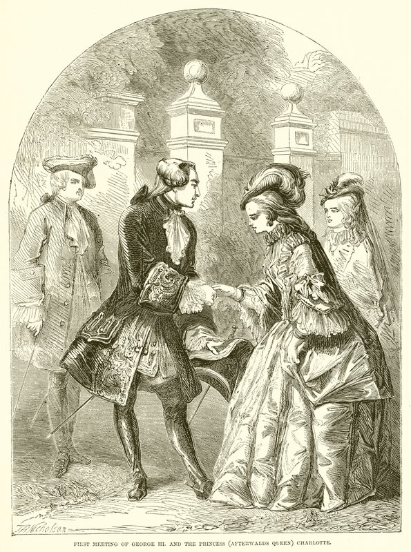 Første møde med George III. og prinsessen (bagefter dronning) Charlotte af English School
