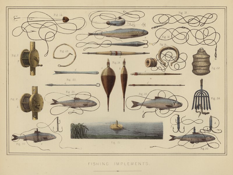 Fiskeredskaber (farve litho) af English School