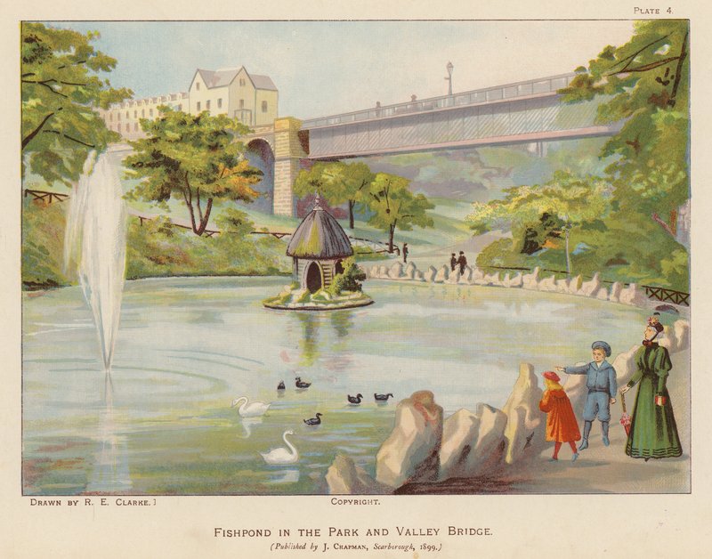 Fiskedam i parken og Valley Bridge, Scarborough (farvelitografi) af English School