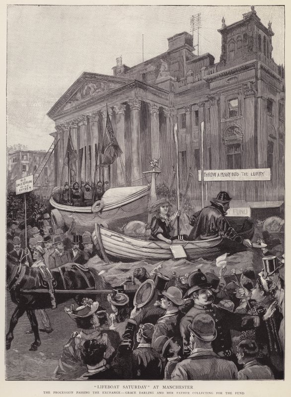 Float-indsamling af midler til Royal National Lifeboat Institution passerer børsen i Manchester af English School