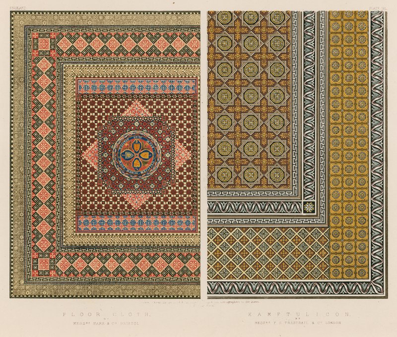 Floor Cloth af Mrs Hare and Co, Bristol; Kamptulicon af herrerne F C Tresrail og Co, London af English School