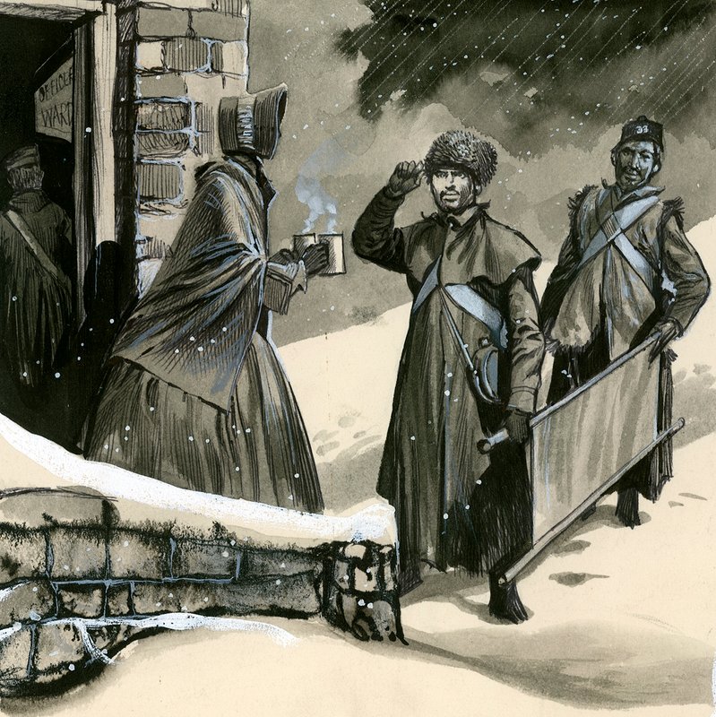 Florence Nightingale hilser på soldater i sneen af English School