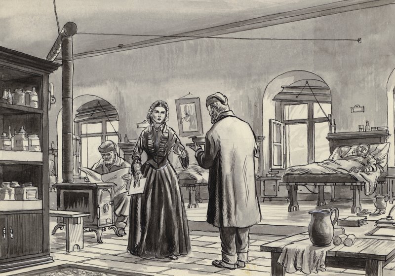 Florence Nightingale arbejder på hospitalet i Scutari (gouache på papir) af English School