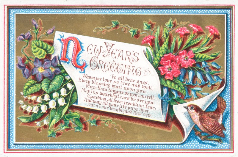Blomster og fugl, nytårskort af English School
