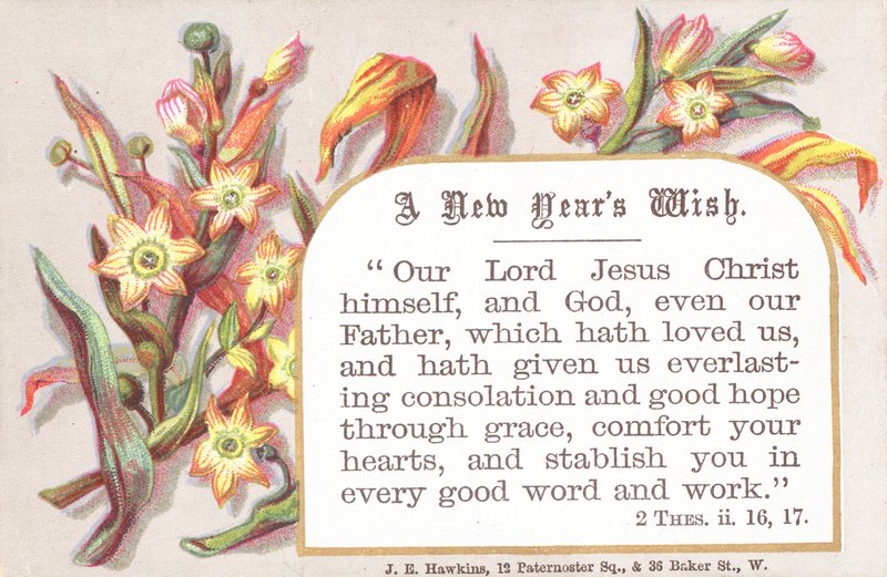 Blomster og religiøse vers, nytårskort af English School