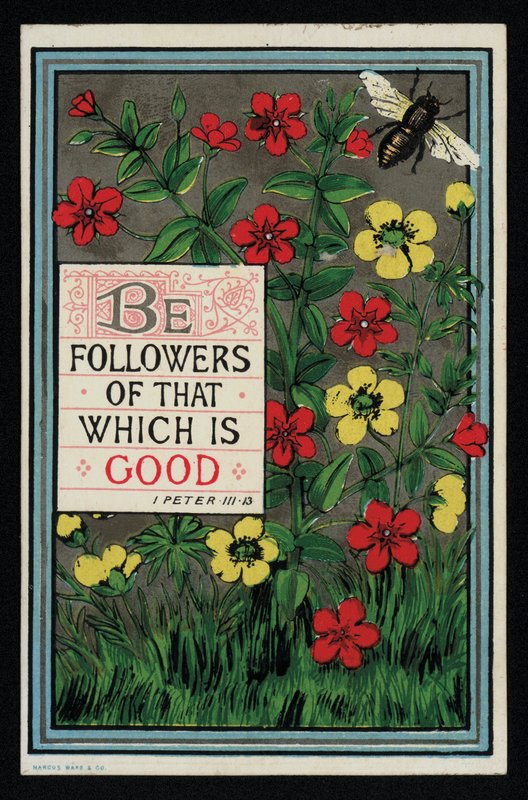 Blomster med et bibelvers fra 1 Peter 3:13, lykønskningskort. (chromolitho) af English School