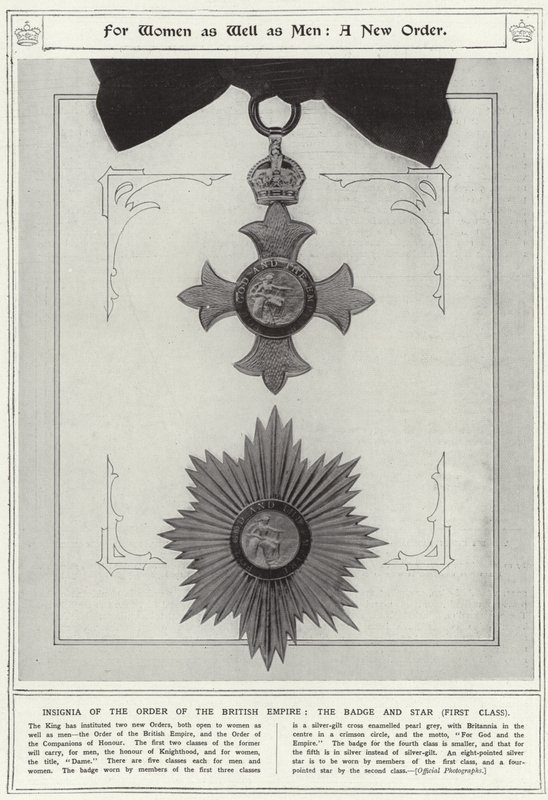 For kvinder såvel som mænd, en ny orden, insignier af det britiske imperiums orden, emblemet og stjernen, første klasse af English School