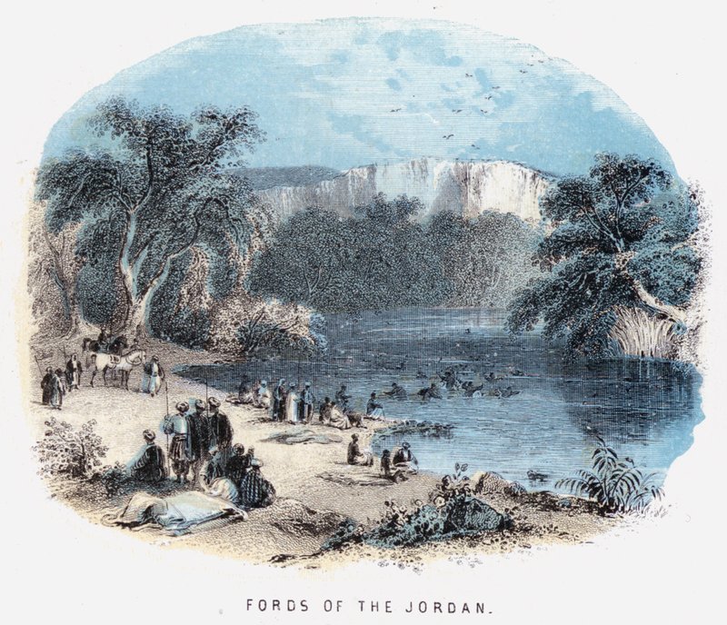 Fords of the Jordan (farvet gravering) af English School