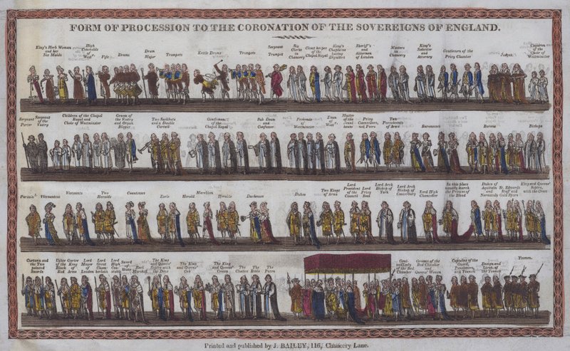 Form for procession til kroningen af Englands suveræner (farvet træsnit) af English School