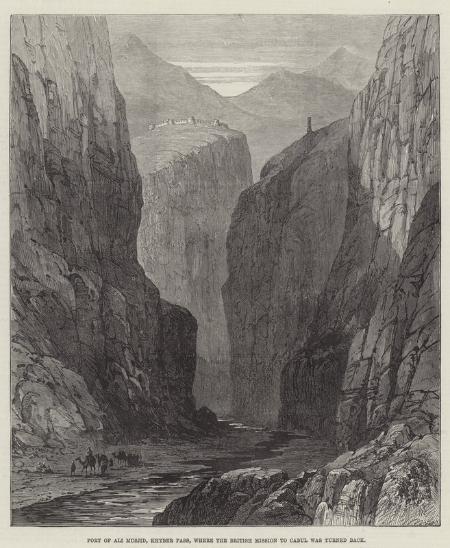 Fort of Ali Masjid, Khyber Pass, hvor den britiske mission til Kabul blev vendt tilbage (gravering) af English School