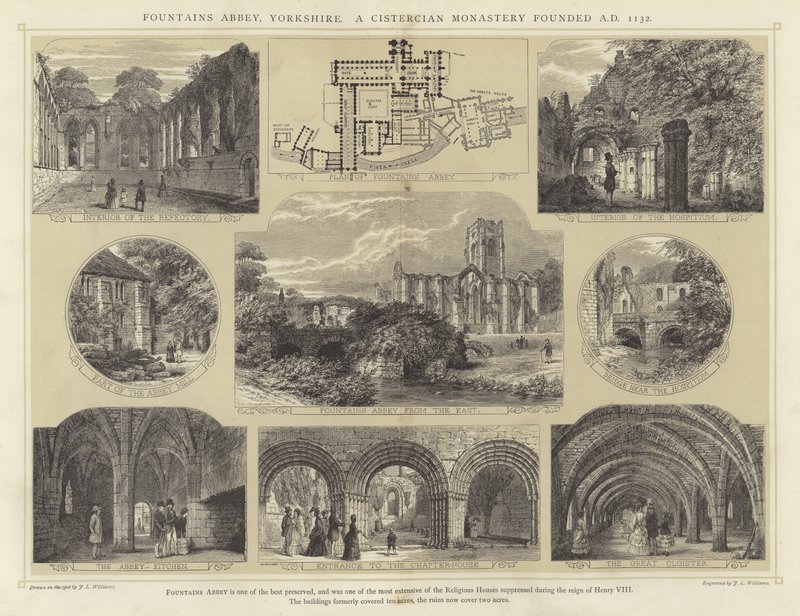 Fountains Abbey, Yorkshire, et cistercienserkloster grundlagt 1132 e.Kr af English School