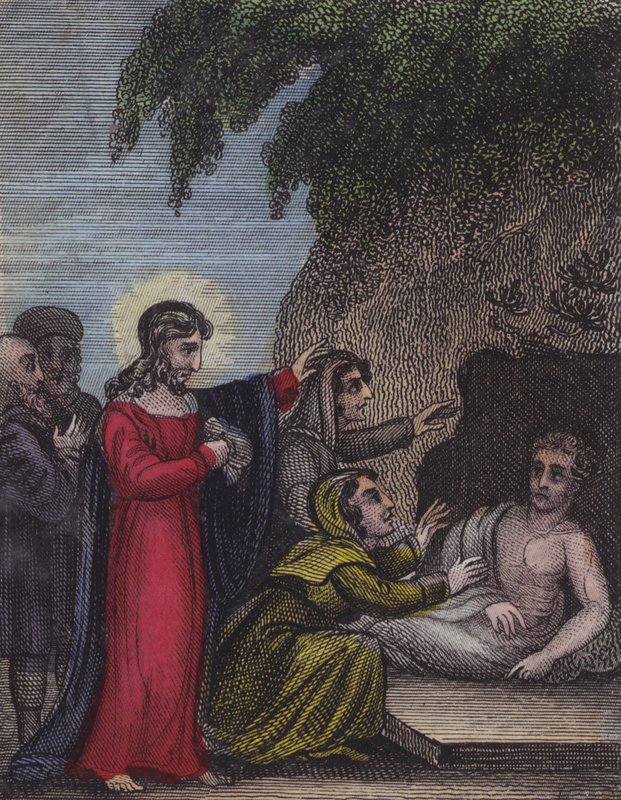 Fire dage i døden lå Lazarus ... (farvet indgravering) af English School