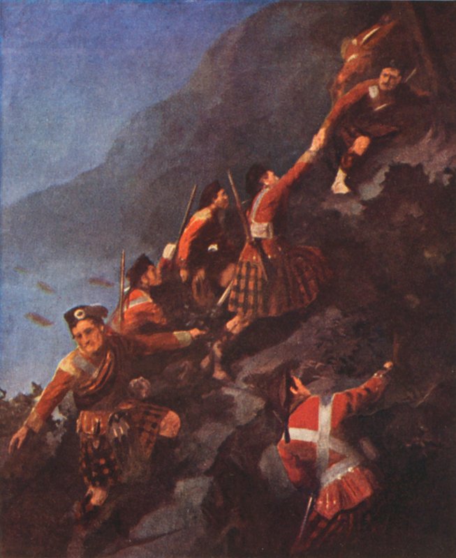 Fraser Highlanders stormer højderne ved Quebec (farvelitografi) af English School