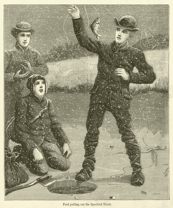 Fred trækker den plettede ørred ud (gravering) af English School