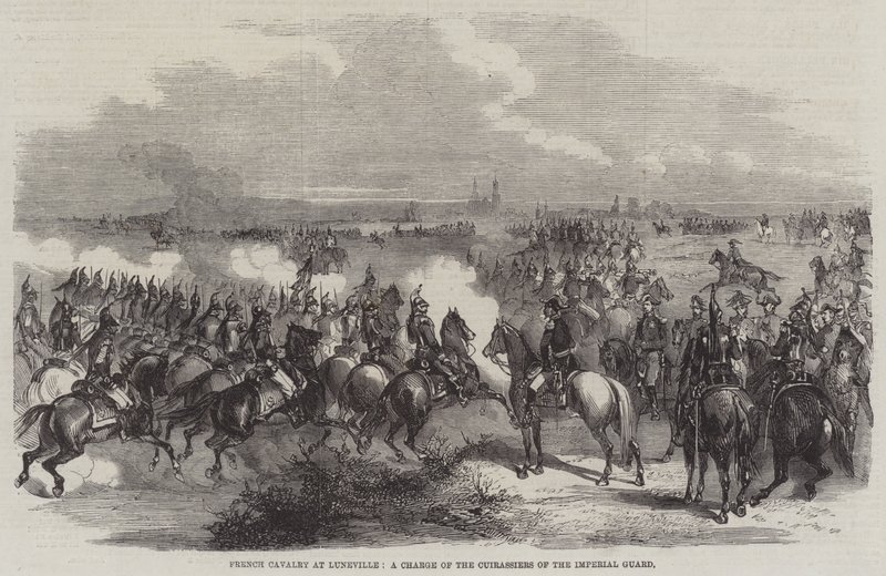 Fransk kavaleri ved Luneville, anklager for den kejserlige gardes Cuirassiers (gravering) af English School