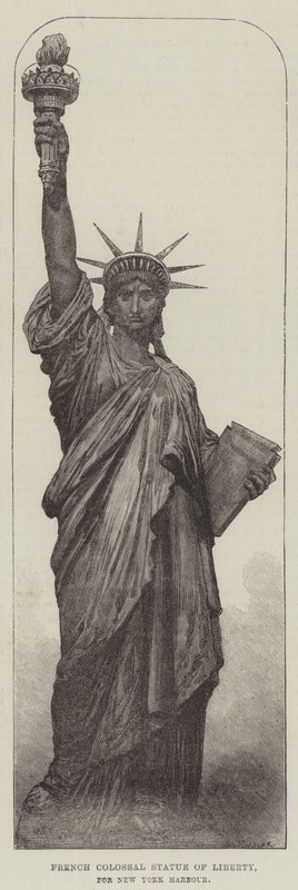Fransk kolossal Frihedsgudinde, for New York Harbor (gravering) af English School