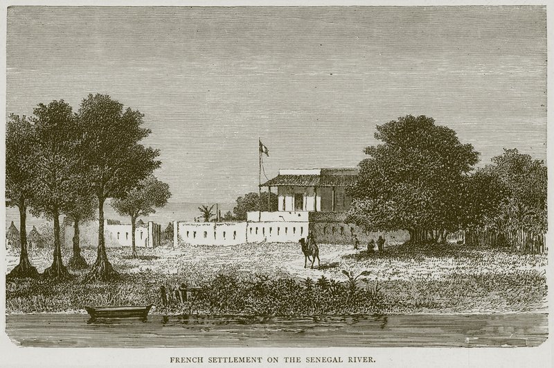 Fransk bosættelse ved Senegal-floden, illustration fra Illustrated Travels, c.1880 af English School