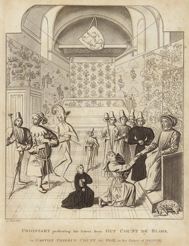 Froissart præsenterer sine breve fra Guy Court de Blois til Gaston Phoebus grev de Foix i hans Palace of Orthez af English School