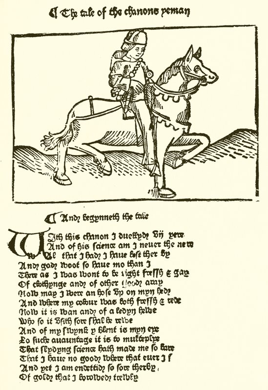 Fra anden udgave af Chaucers Canterbury Tales trykt af Caxton af English School