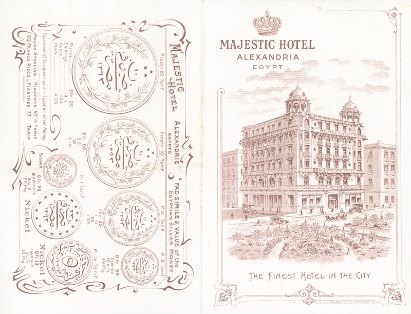 Forside og bagside af brochuren for Majestic Hotel i Alexandria af English School