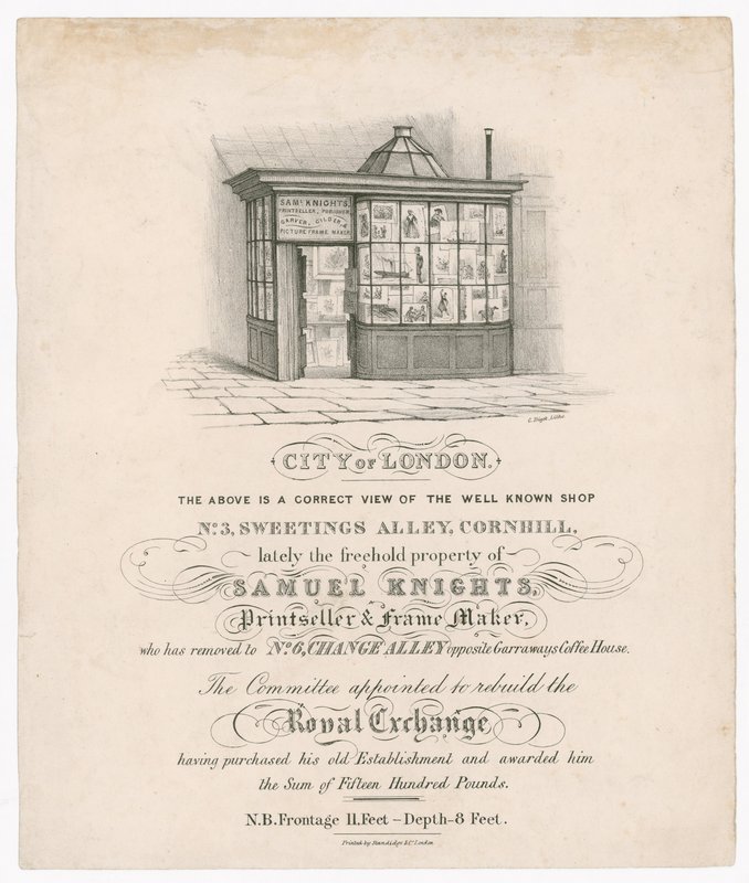 Forsiden af No 3, Sweetings Alley, Cornhill, for nylig ejet af Samuel Knights, Printseller og Frame Maker af English School