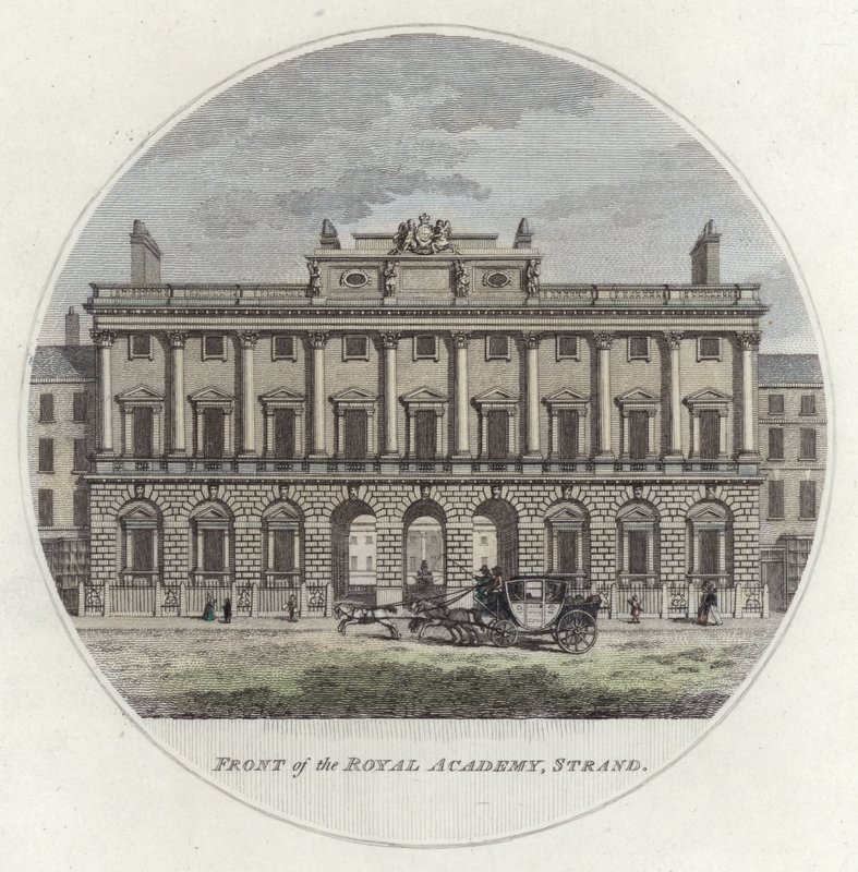 Forsiden af The Royal Academy, Strand, London (farvet gravering) af English School