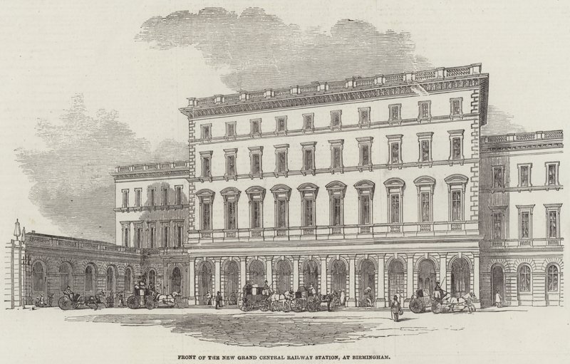 Foran New Grand Central Railway Station i Birmingham (gravering) af English School