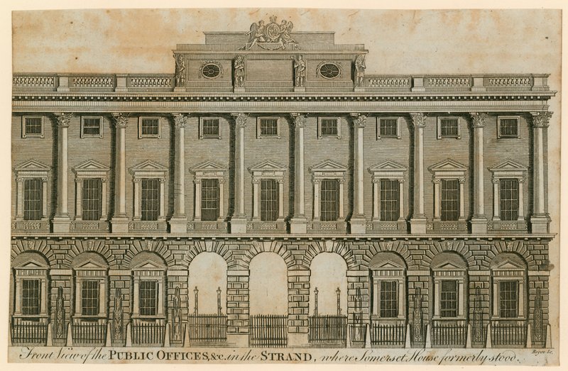 Forfra af de offentlige kontorer i Strand, hvor Somerset House tidligere lå af English School