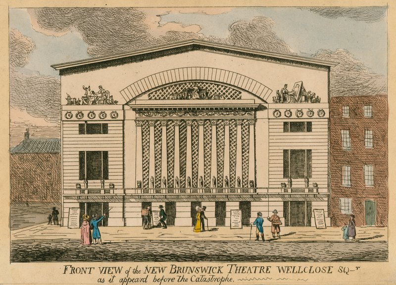 Forfra af det nye Brunswick Theatre, Wellclose Square, London, som det så ud før katastrofen af English School