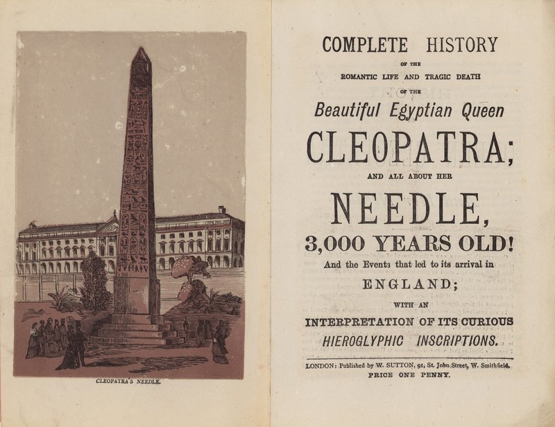 Frontispice og titelside for Komplet historie om den smukke egyptiske dronning Cleopatras romantiske liv og tragiske død af English School