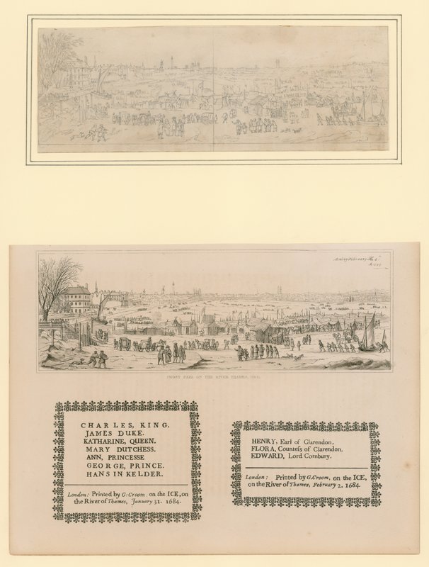 Frostmesse på Themsen, trykt souvenir til kong Charles II og familie, 1684 af English School