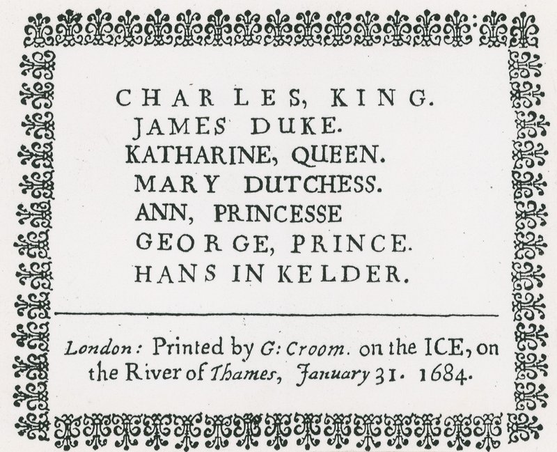 Frostmesse på Themsen, trykt souvenir til kong Charles II og familie, 1684 af English School