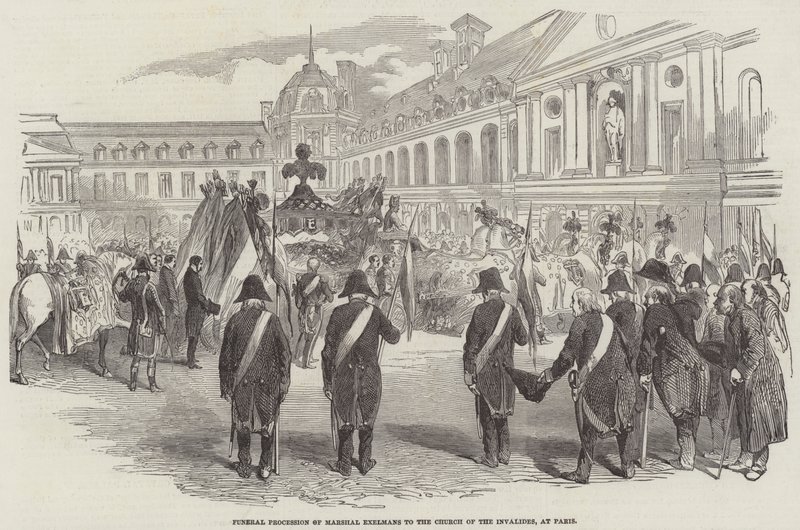 Marskal Exelmans begravelsesoptog til Invalides-kirken i Paris (gravering) af English School