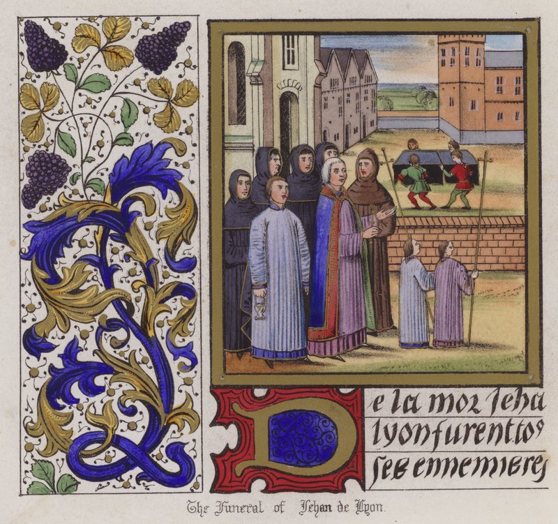 Jehan De Lyons begravelse (farvet gravering) af English School