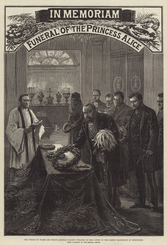 Begravelse af prinsesse Alice, prinsen af Wales og prins Leopold, der placerer kranse på kisten i familiemausoleet ved Rosenhohe (gravering) af English School