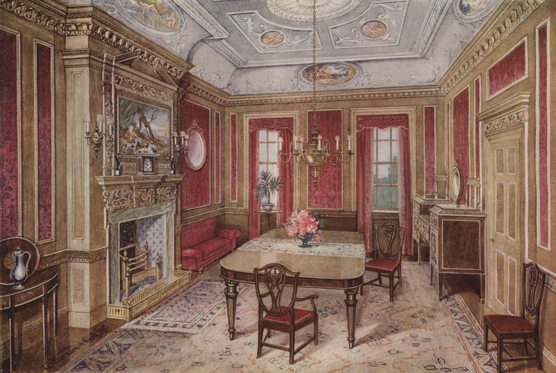 Møbler til en spisestue i begyndelsen af det 18. århundrede (farvelitografi) af English School