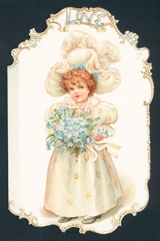 Pige, der holder bundt med blomster, julekort af English School