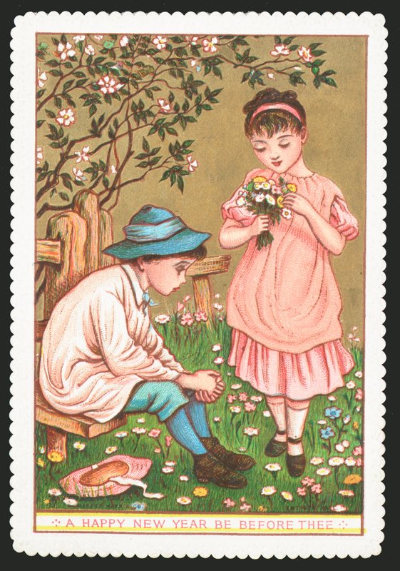 Pige med blomster taler med dreng, der sidder ned, nytårskort af English School