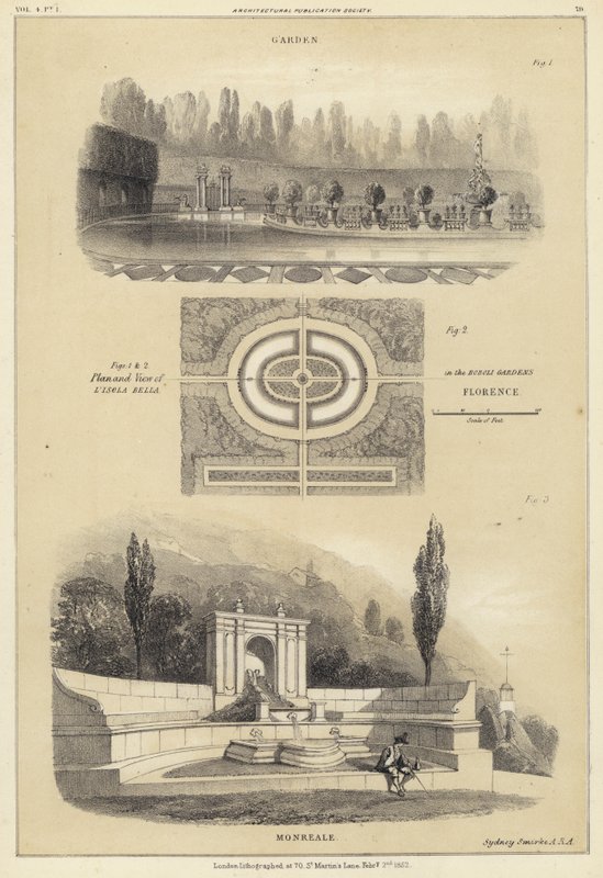 Haver: Isola Bella i Boboli-haverne, Firenze og Monreale, Italien (litho) af English School