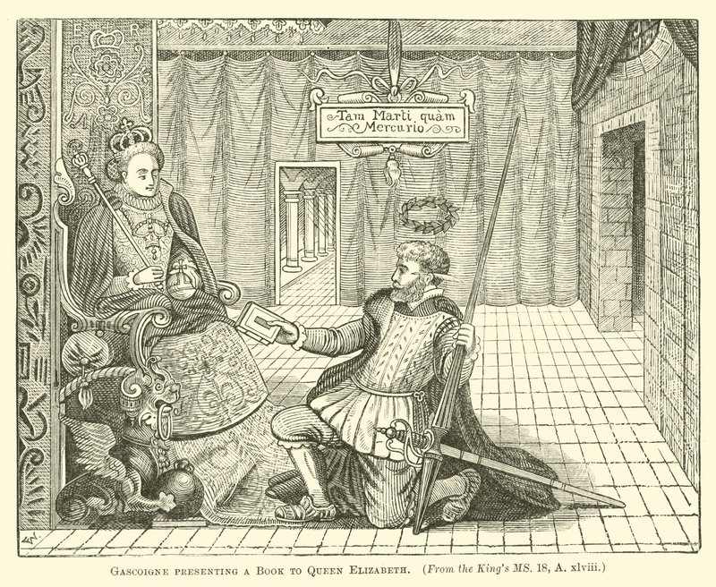 Gascoigne presenting a Book to Queen Elizabeth  af English School
