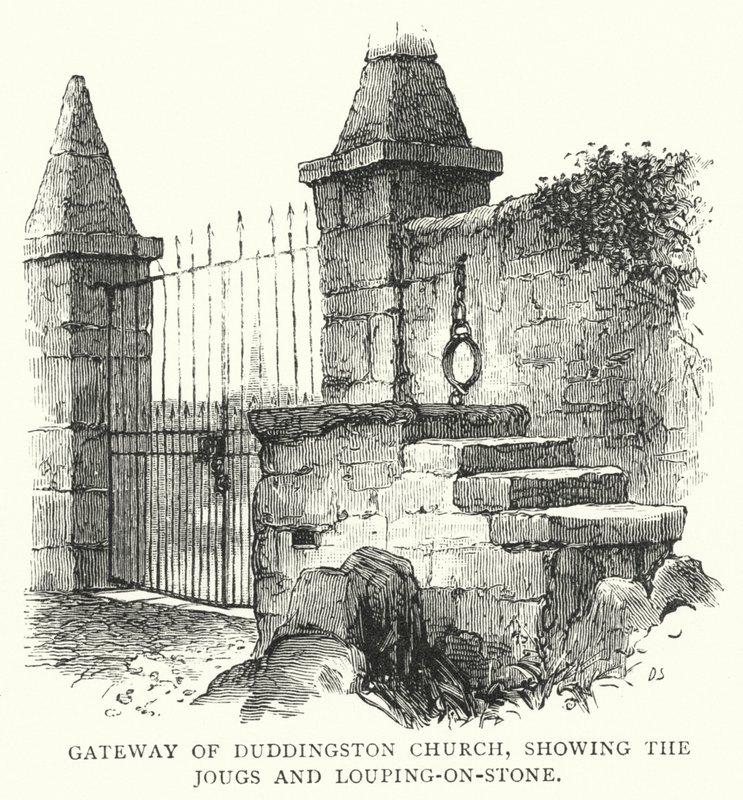 Porten til Duddingston Church, der viser Jougs og Louping-on-Stone (gravering) af English School
