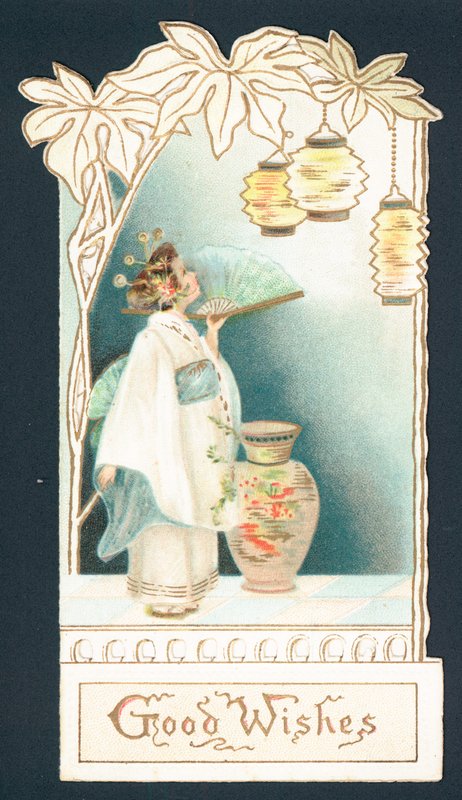 Geisha-pige ser på lanterner, julekort (chromolitho) af English School