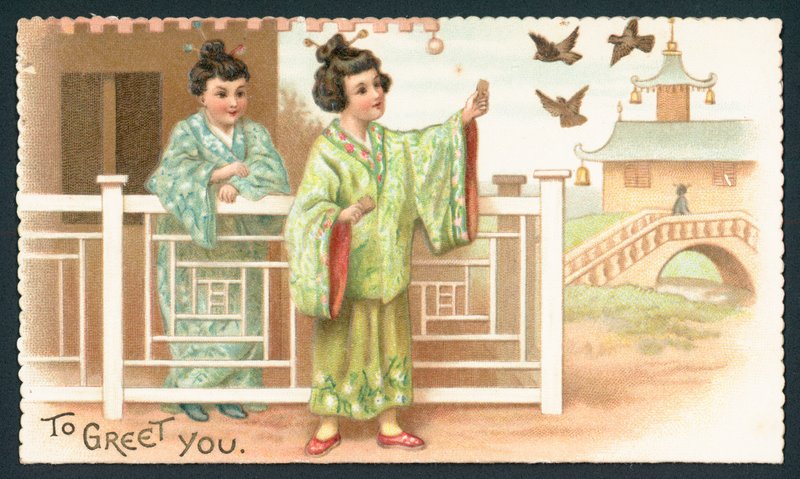 Geisha-piger fodrer fugle, julekort af English School