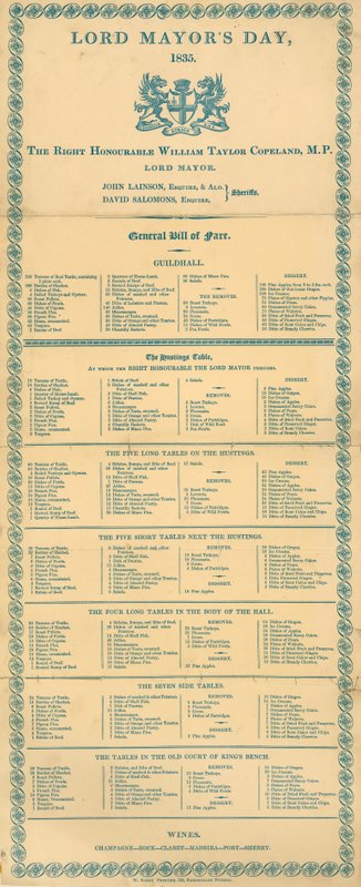 General Bill of Fare for Lord Mayors Day, Guildhall, London, 9. november 1835 af English School
