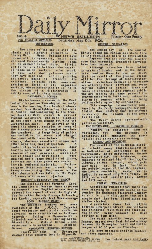 Generalstrejke rapporteret i Daily Mirror (gravering) af English School
