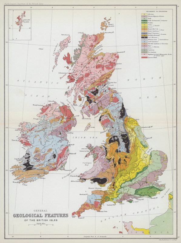 Generelle geologiske træk på de britiske øer (farvelitografi) af English School